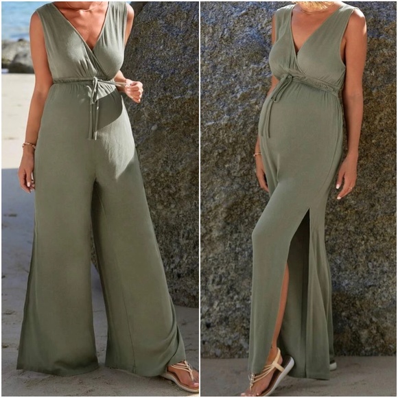 Maternity Surplice Sleeveless Wide Leg Jumpsuit - Picture 3 of 5